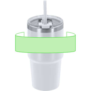 A drink bottle with a silver lid and white body, featuring a straw and a logo.
