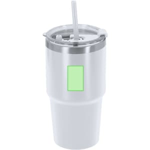 A drink bottle featuring a stainless steel body in white, with a clear lid and straw, and an area for branding.