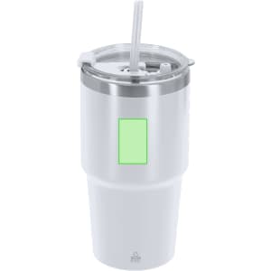 An insulated travel mug in white with a grey lid and a clear straw, featuring a logo.