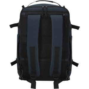 A dark blue backpack with padded adjustable straps and various external buckles. It features a textured back panel and has a logo.