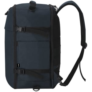 A dark blue backpack with adjustable straps and multiple compartments, featuring a logo on the front.