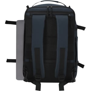 A navy and black backpack with padded shoulder straps, featuring a compartment for a laptop and a branding logo.