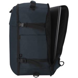 A navy blue backpack featuring multiple straps and a laptop compartment. It has a logo on the exterior.