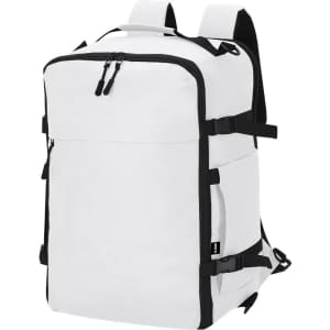 A white backpack with black accents, featuring multiple compartments and adjustable straps, along with a branding logo.