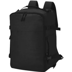A black backpack with adjustable straps, featuring a front pocket and a logo.