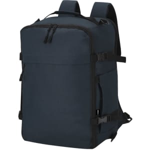 A navy blue backpack with a rectangular shape, featuring adjustable straps and a front pocket. It has a logo.