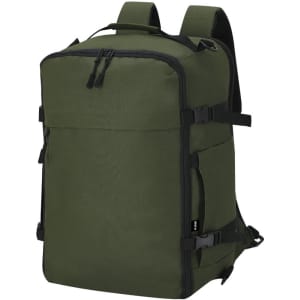 A green Zagros backpack with adjustable straps, zipper closures, and a minimalist design. It features a logo on the side.