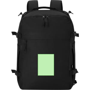A black backpack featuring adjustable straps and a green placeholder area. It has multiple compartments and a logo.
