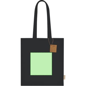 A black tote bag featuring a large mint green square design, with a tag attached.