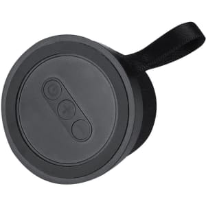 A round, black portable speaker featuring control buttons and a small strap for easy carrying.