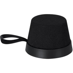 A black Dinarix Speaker featuring a rounded, textured design and a convenient strap.