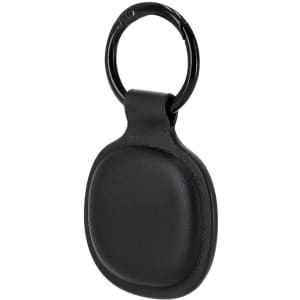 A black tracking device with a keyring attachment, featuring a smooth, rounded design.