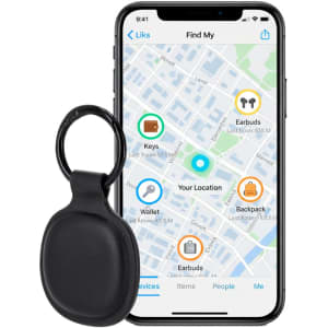 A black tracking device is displayed beside a smartphone screen with a location map and device icons.
