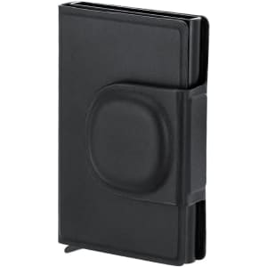 A black business card holder with a textured surface and a clasp closure, featuring a logo on the front.