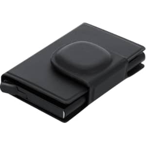 A black business card holder with a smooth surface and an elastic closure. Features a built-in pen on the side.