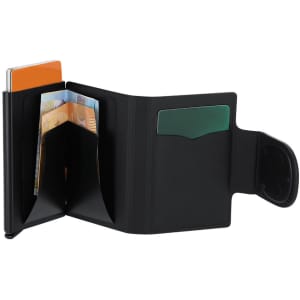 A black card holder with multiple slots for business cards and identification. It features a logo on the exterior.