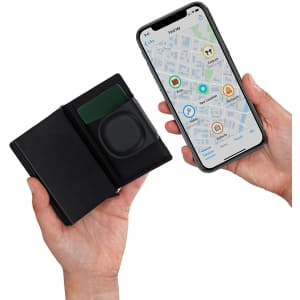 A black card holder with a smartphone displaying a map, highlighting its sleek design and practicality.