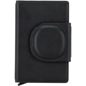 A black business card holder with a circular clasp, designed for organising and storing cards.