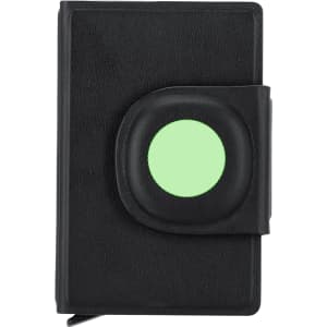 A black business card holder with a circular green accent on the front and a secure closure.