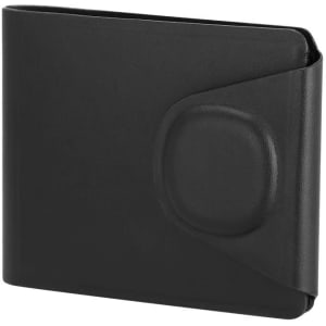 A black wallet with a smooth finish and a logo, featuring a sleek design for card storage.