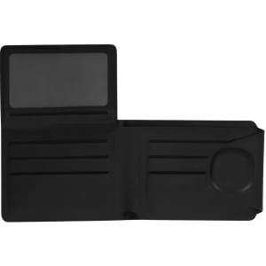 A black wallet with card slots and an ID window, featuring a logo on the inside.