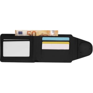 A black wallet featuring card slots, a clear ID window, and a compartment for cash. It includes a logo.