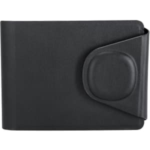 A black wallet featuring a sleek design with a secure closure and a textured surface. It has a logo on it.