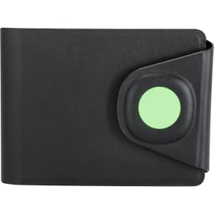 A black wallet with a green circular accent, designed for holding cards. It features a secure closure.