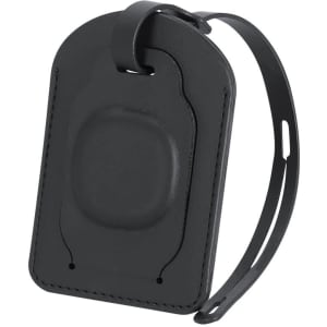 A black luggage tag with a smooth surface and a loop attachment for securing to bags.