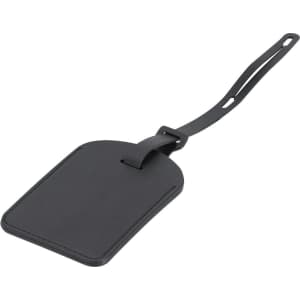 A black luggage tag with a flexible strap and a simple design, featuring a logo.