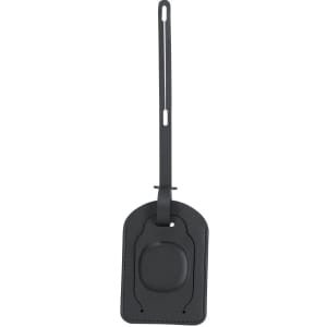 A black luggage tag with a loop for attachment and a flat surface for personal information. Features a logo.