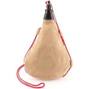A drink bottle in a unique pear shape with a soft, tan exterior and a black spout, featuring a red strap for carrying.