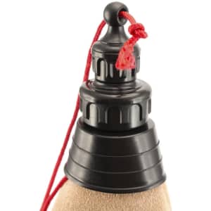 A drink bottle with a black top and a red string, featuring a textured brown body. It includes a logo on the cap.