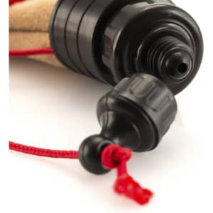 A drink bottle in black with a red cord, featuring a secure cap and protective stopper.