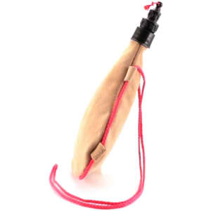 A drink bottle in a tan fabric with a black spout and red strap, featuring a logo.