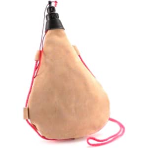 A drink bottle in a tan colour with a black spout and a red strap, featuring a logo.