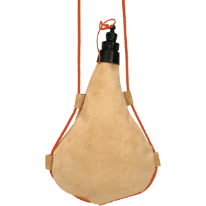 A drink bottle in a light tan leather design with an orange strap and black nozzle. It features a logo.