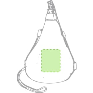 A drink bottle designed like a wineskin in a pear shape, featuring a shoulder strap and green accents.