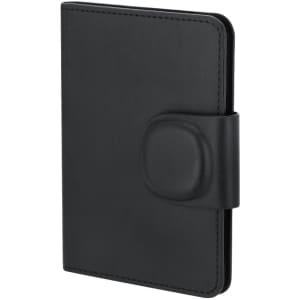 A sleek black passport holder with a secure closure and a minimalist design. It features a logo on the front.