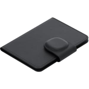 A black passport holder with a smooth finish and a secure clasp, featuring a branding logo.