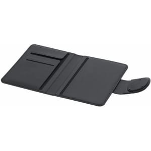 A black passport holder with multiple card slots and a secure closure strap. It features a logo on the front.