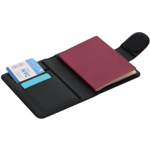 A maroon passport holder with a black interior, featuring card slots and an elastic closure. It has a branding logo.