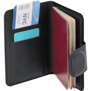 A black passport holder with card slots and an interior for holding a passport, featuring a sleek design.