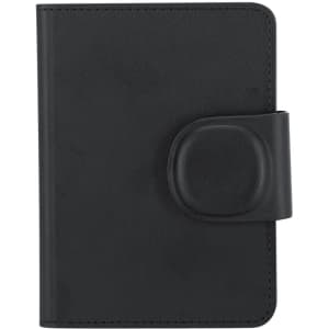 A black passport holder featuring a textured finish and a secure closure, designed for convenience and style.
