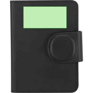A black passport holder with a clasp and a translucent window for identification. It features a simple design and branding.