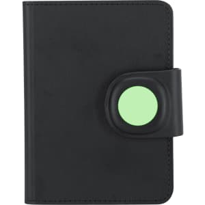 A black passport holder with a green button, featuring a sleek design and a logo on the front.