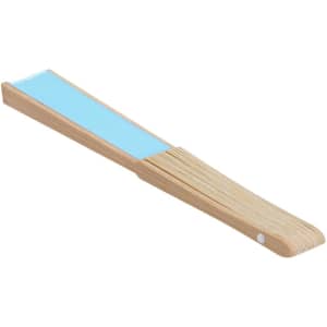 A wooden hand fan with a light blue fabric surface, featuring a simple design and a white dot on the handle.
