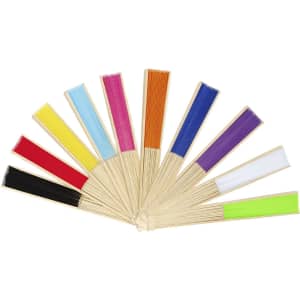 A selection of colourful hand fans displayed in a fan shape, featuring shades of red, blue, yellow, green, and more.
