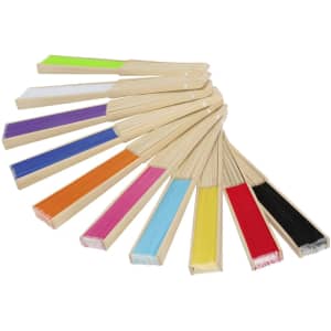 A set of colourful hand fans in various hues, featuring bamboo handles and fabric shades, arranged in a fan shape.