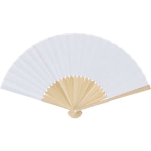 A white hand fan with a wooden frame, featuring a simple and elegant design, ideal for leisure activities.